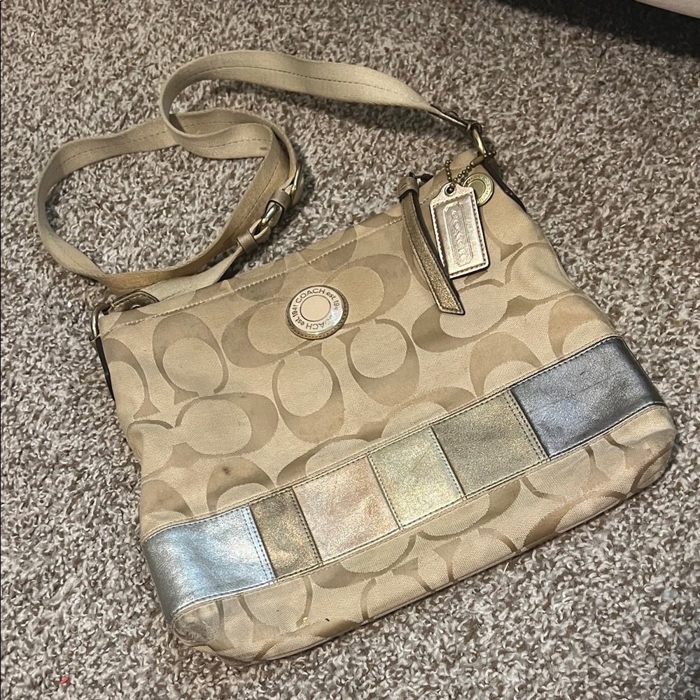 Coach Beige and Metallic Shoulder Bag